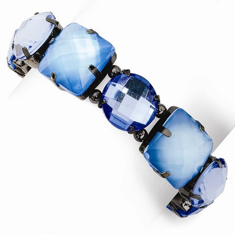 Black-plated Faceted Lt & Dk Blue Acrylic Stones Stretch Bracelet