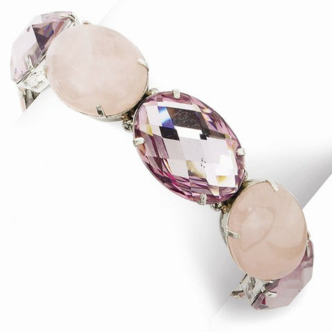 Silver-tone Rose Quartz & Light Rose Crystal Stretch Bracelet