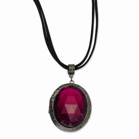 Black-plated Purple Stone w/Black Cord Necklace