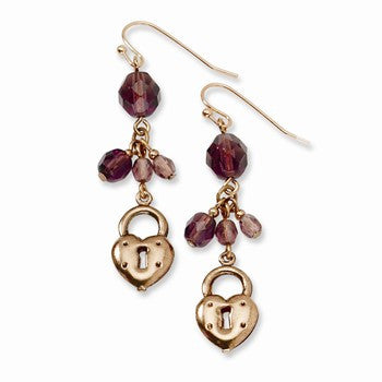 Copper-tone Heart Lock with Purple Crystals Earrings