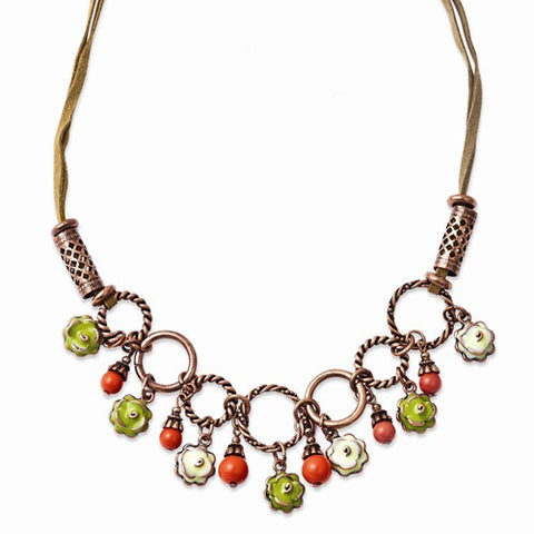 Copper-tone Green Enamel Orange Beads Necklace