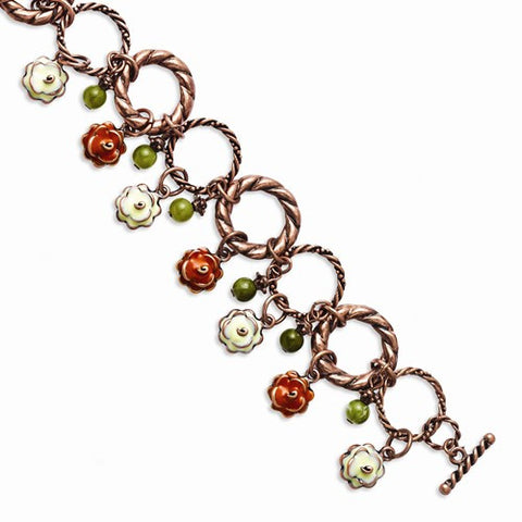 Copper-tone Enamel & Green Acrylic Beads Toggle Bracelet