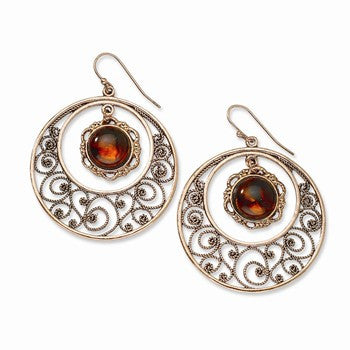 Copper-tone Circle Filigree w/Sienna Crystal Dangle Earrings