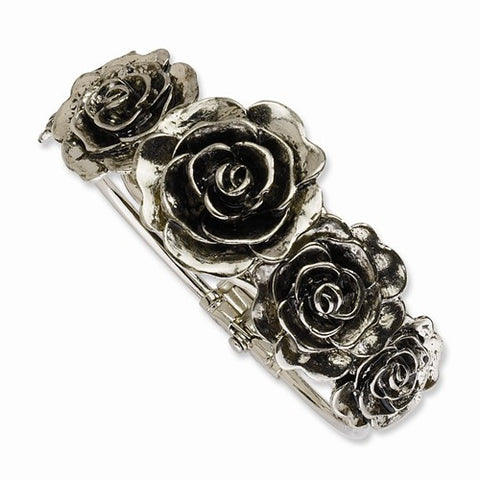 Silver-tone Antiqued Flowers Hinged Cuff Bangle