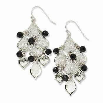 Silver-tone Black Acrylic Beads Ch&elier Earrings