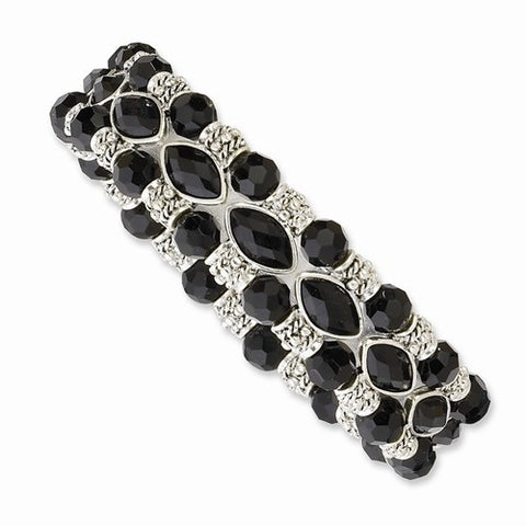 Silver-tone Black Epoxy Stones & Glass Beads Stretch Bracelet