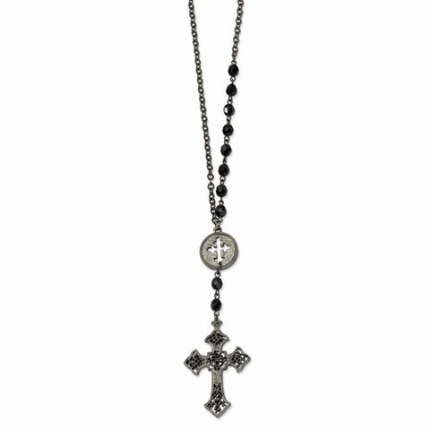 Black-plated Cross w/ Black Glass Beads Necklace