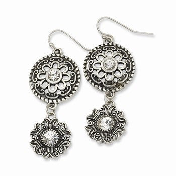 Silver-tone Double Drop Floral w/ Clear Glass Stones Dangle Earrings