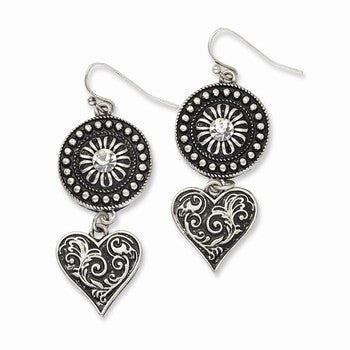 Silver-tone Heart Sunburst w/ Clear Crystal Dangle Earrings