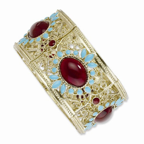 Brass-tone Teal Enamel w/Red Crystals Stretch Bracelet