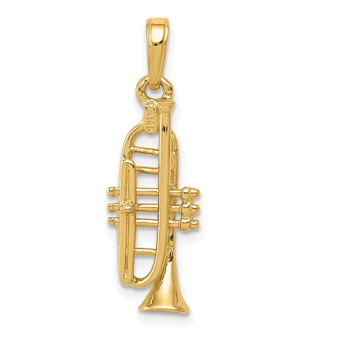 14k Gold Solid Polished 3-Dimensional Trumpet Pendant