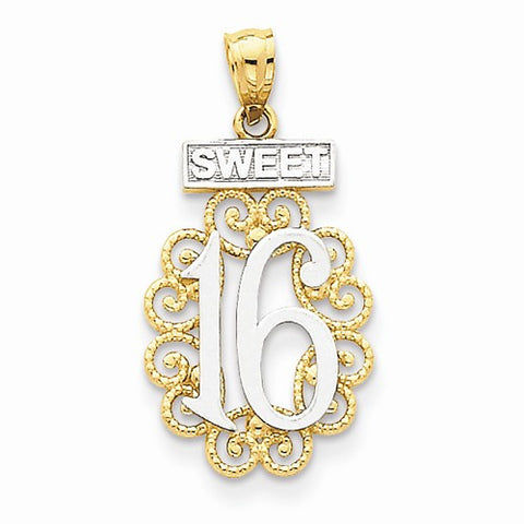 14k Gold & Rhodium Filigree Sweet 16 Pendant, Pendants for Necklace