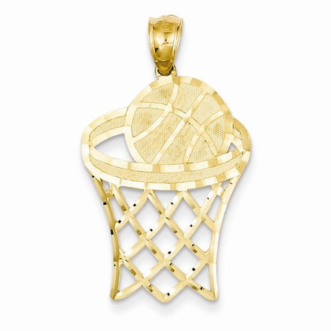 14k Gold Basketball in Hoop Diamond Cut Pendant, Pendants for Necklace