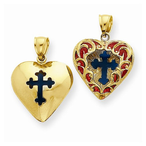 14k Gold 3-D Blue/Red Translucent Acrylic Cross in Heart Pendant, Pendants for Necklace