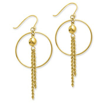 10K Yellow Gold Polished Circle w/ Bead on Rope Wire Earrings