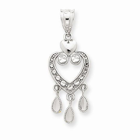 14k White Gold Solid Diamond-cut Fancy Dangle Heart Pendant, Pendants for Necklace