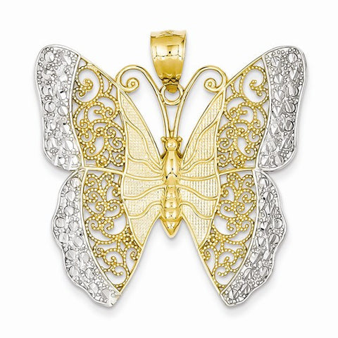 14k Gold & Rhodium Solid Polished Diamond-cut Filigree Butterfly Pendant, Pendants for Necklace