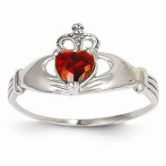 14k White Gold CZ January Birthstone Claddagh Heart Ring