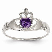 14k White Gold CZ February Birthstone Claddagh Heart Ring