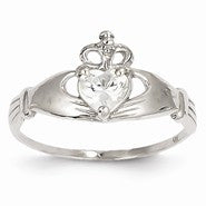 14k White Gold CZ April Birthstone Claddagh Heart Ring