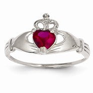 14k White Gold CZ July Birthstone Claddagh Heart Ring