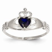 14k White Gold CZ September Birthstone Claddagh Heart Ring