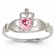 14k White Gold CZ October Birthstone Claddagh Heart Ring