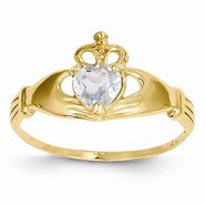 14k Yellow Gold CZ March Birthstone Claddagh Heart Ring