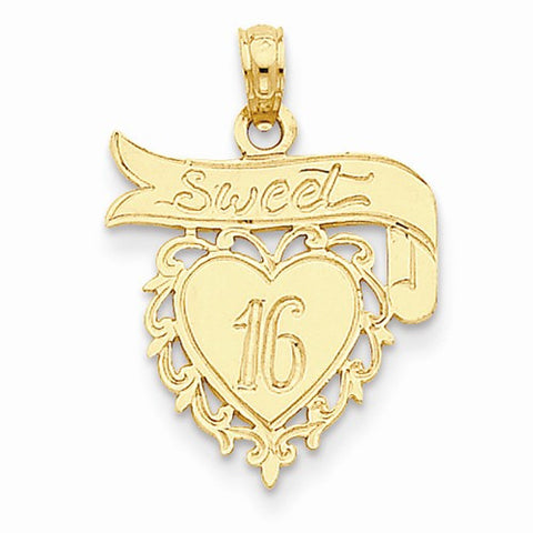 14k Gold Sweet 16 on Heart with Banner Pendant, Pendants for Necklace