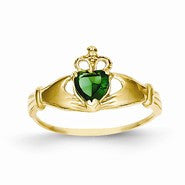 14k Yellow Gold Green CZ Polished Claddagh Ring