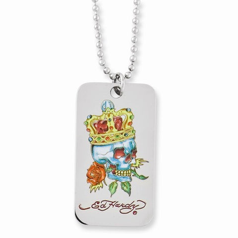 King Skull Rose Dog Tag Necklace