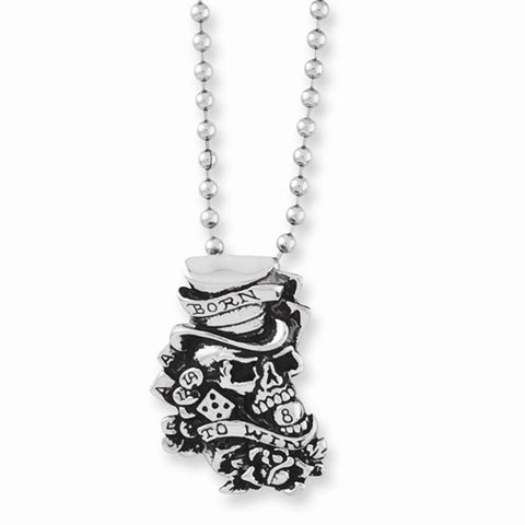 Stainless Steel Skull Born To Win Pendant On Necklace