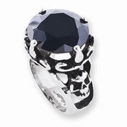 Stainless Steel Round Black CZ and Skull Ring