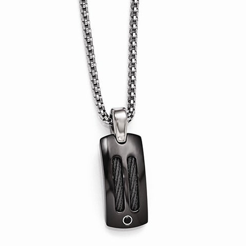 Titanium/Silver Two-Tone Black Ti Cable & Black Spinel Silver Bezel Pendant On Necklace