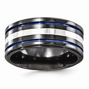 Black Titanium with Sterling Silver & Grooved Blue Anodized 10mm, Size 10, Jewelry Ring