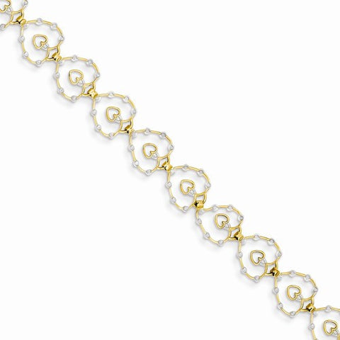 14K Yellow Gold with Rhodium Diamond-Cut Hearts Bracelet