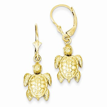 14k Yellow Gold Polished Turtle Dangle Leverback Earrings