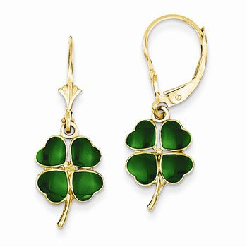 14k Yellow Gold Enameled Clover Leverback Earrings