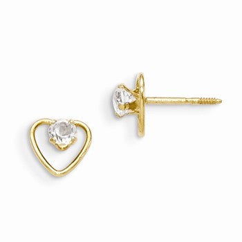 14k Yellow Gold 3mm White Zircon Birthstone Heart Earrings