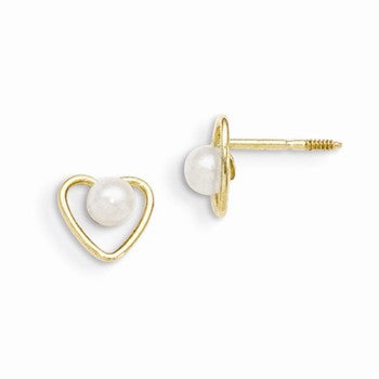 14k Yellow Gold 3mm Pearl Birthstone Heart Earrings