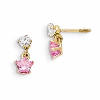 14k Yellow Gold 3mm CZ with Dangling Pink CZ Star Earrings