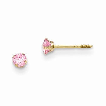 14k Yellow Gold 3mm Pink CZ Earrings