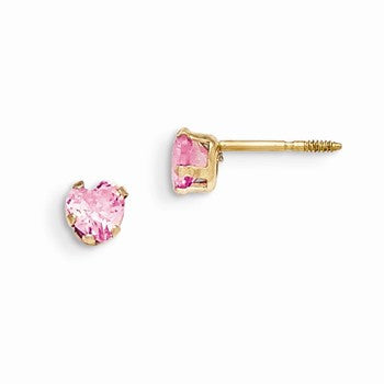 14k Yellow Gold 4mm Pink CZ Heart Earrings