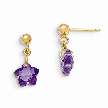 14k Yellow Gold Flower Purple CZ Earrings