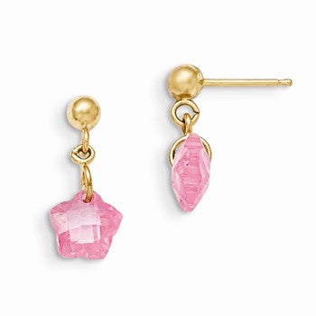 14k Yellow Gold Flower Pink CZ Earrings