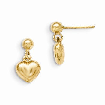 14k Yellow Gold Puffed Heart Dangle Earrings