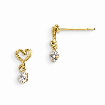 14k Yellow Gold CZ Childrens Heart Dangle Post Earrings