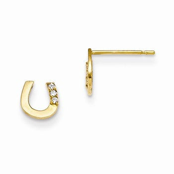 14k Yellow Gold CZ Childrens Horseshoe Post Earrings