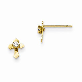 14k Yellow Gold CZ Diamond-cut Childrens Cross Post Earrings