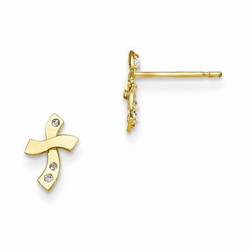 14k Yellow Gold CZ Childrens Cross Post Earrings